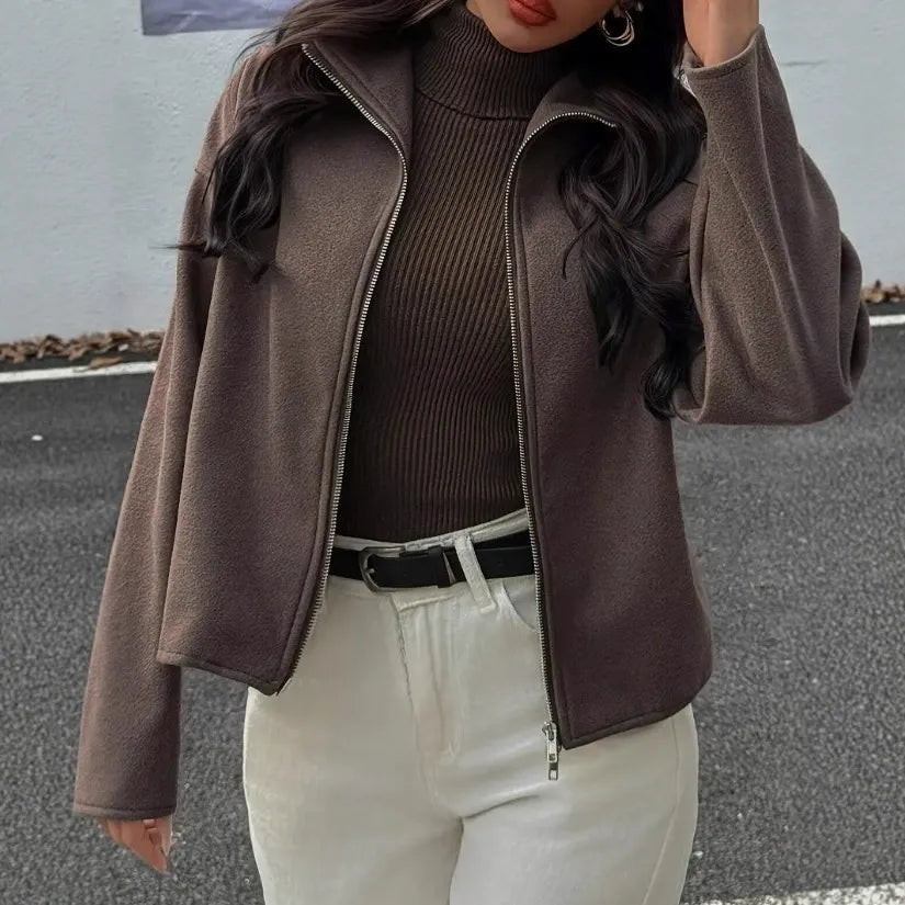 Women’s Cropped Stand-Collar Jacket – Relaxed Zip-Front Layer for Everyday Wear