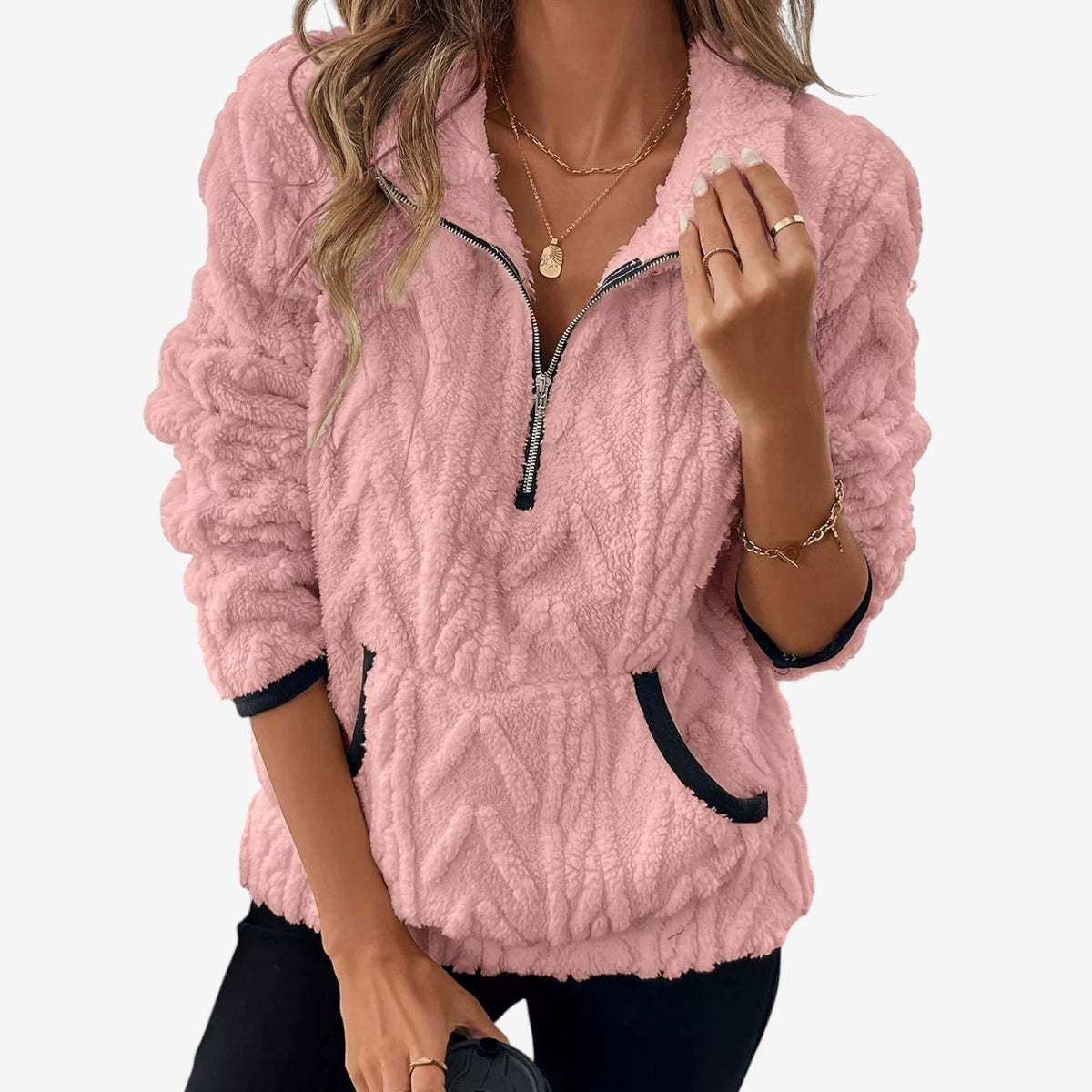 Women’s Plush Half-Zip Pullover – Cosy High-Collar Layer for Autumn and Winter