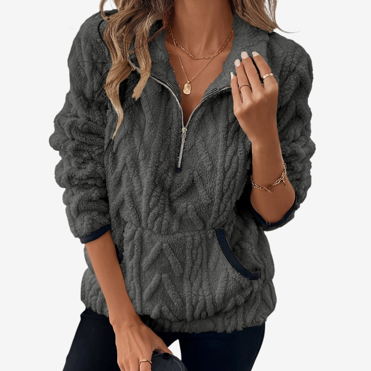 Women’s Plush Half-Zip Pullover – Cosy High-Collar Layer for Autumn and Winter