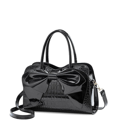 Women’s Bow Detail Handbag – Croc-Effect Structured Satchel with Detachable Shoulder Strap for Day and Evening Wear