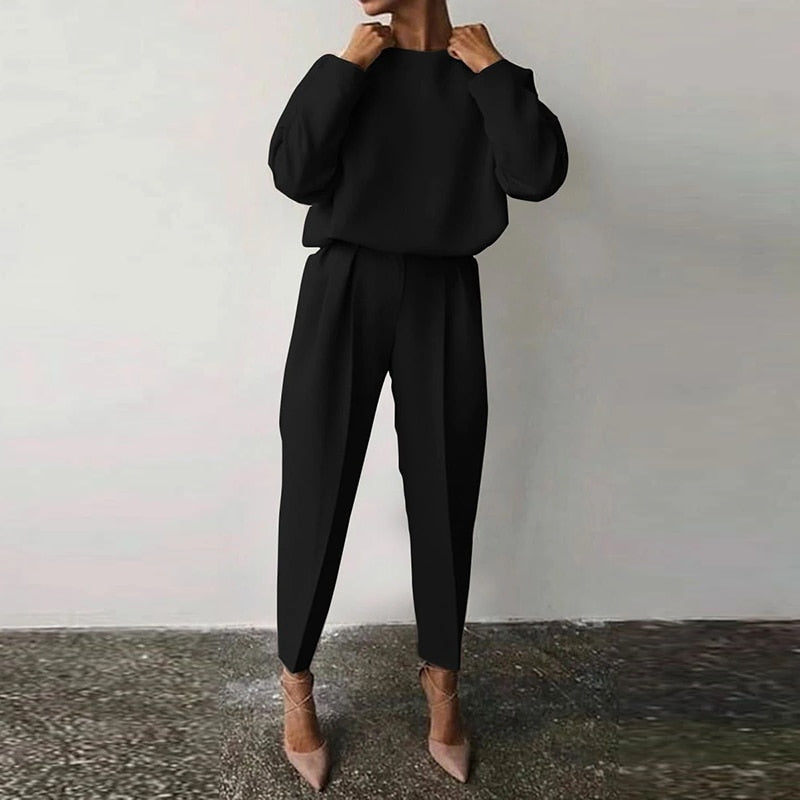 Women’s Pleated Trouser Co-Ord Set – Relaxed Balloon-Sleeve Top with Tapered Ankle Trousers for Smart Casual Wear