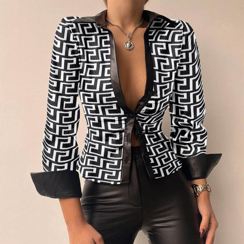 Women’s PU Leather Tie-Front Shirt – Sleek Long-Sleeve Style for Evening Wear