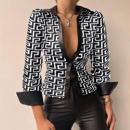Women’s PU Leather Tie-Front Shirt – Sleek Long-Sleeve Style for Evening Wear