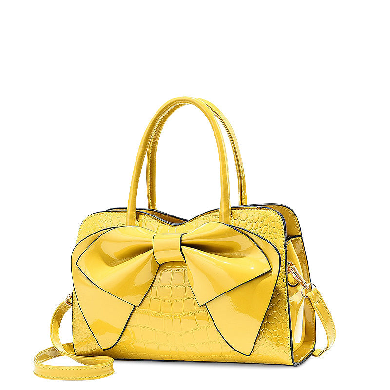 Women’s Bow Detail Handbag – Croc-Effect Structured Satchel with Detachable Shoulder Strap for Day and Evening Wear