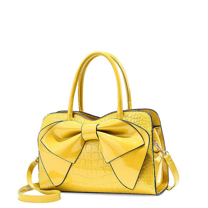 Women’s Bow Detail Handbag – Croc-Effect Structured Satchel with Detachable Shoulder Strap for Day and Evening Wear