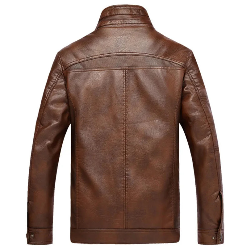 Men’s Fleece-Lined Leather Utility Jacket – Warm Multi-Pocket Layer for Autumn and Winter Wear