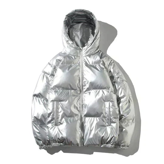 Men’s Metallic Hooded Puffer Jacket – Windproof Waterproof Winter Layer for Outdoor Cold-Weather Wear