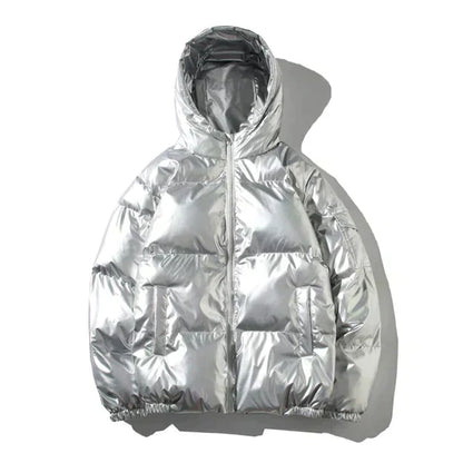 Men’s Metallic Hooded Puffer Jacket – Windproof Waterproof Winter Layer for Outdoor Cold-Weather Wear