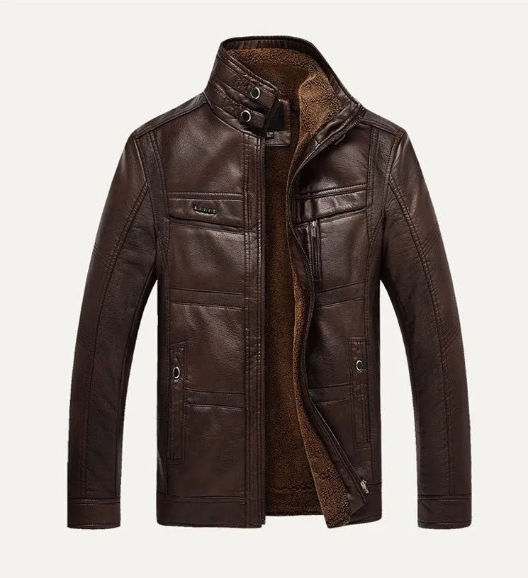 Men’s Fleece-Lined Leather Utility Jacket – Warm Multi-Pocket Layer for Autumn and Winter Wear