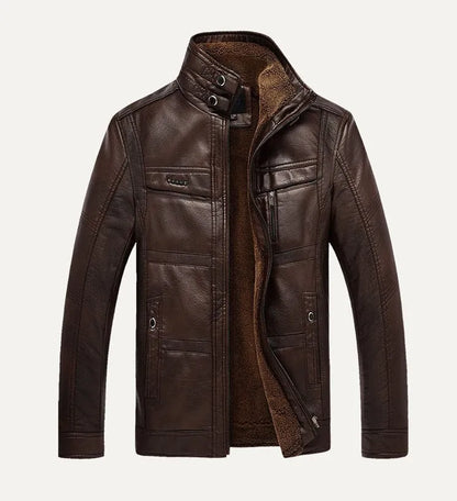 Men’s Fleece-Lined Leather Utility Jacket – Warm Multi-Pocket Layer for Autumn and Winter Wear