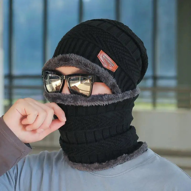 Unisex Fleece-Lined Knit Beanie Set – Warm Winter Hat with Matching Neck Warmer