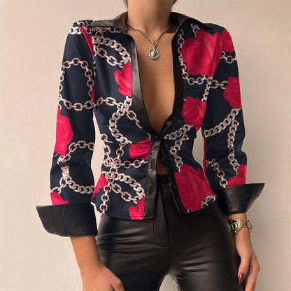 Women’s PU Leather Tie-Front Shirt – Sleek Long-Sleeve Style for Evening Wear