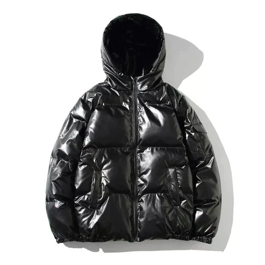 Men’s Metallic Hooded Puffer Jacket – Windproof Waterproof Winter Layer for Outdoor Cold-Weather Wear
