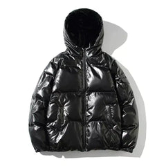 Men’s Metallic Hooded Puffer Jacket – Windproof Waterproof Winter Layer for Outdoor Cold-Weather Wear