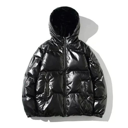 Men’s Metallic Hooded Puffer Jacket – Windproof Waterproof Winter Layer for Outdoor Cold-Weather Wear