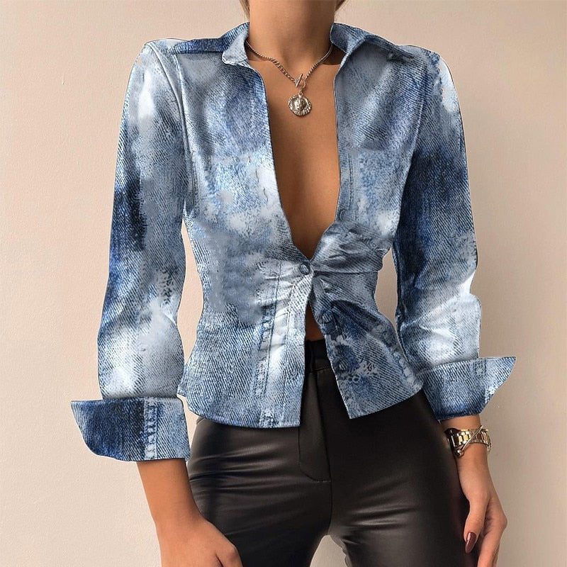 Women’s PU Leather Tie-Front Shirt – Sleek Long-Sleeve Style for Evening Wear