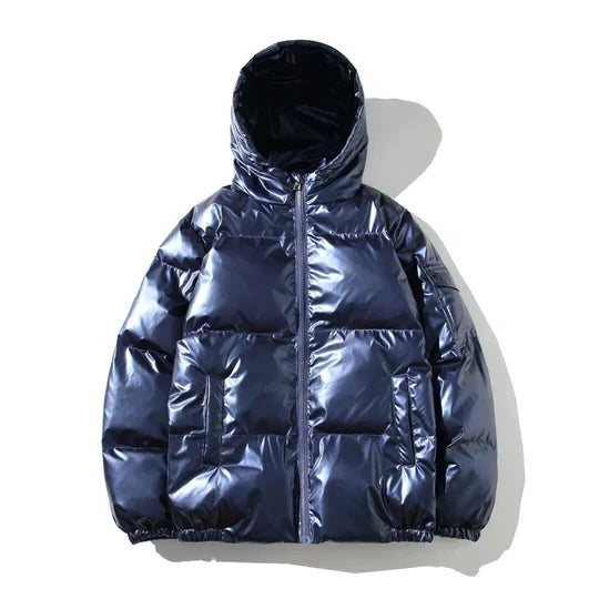 Men’s Metallic Hooded Puffer Jacket – Windproof Waterproof Winter Layer for Outdoor Cold-Weather Wear