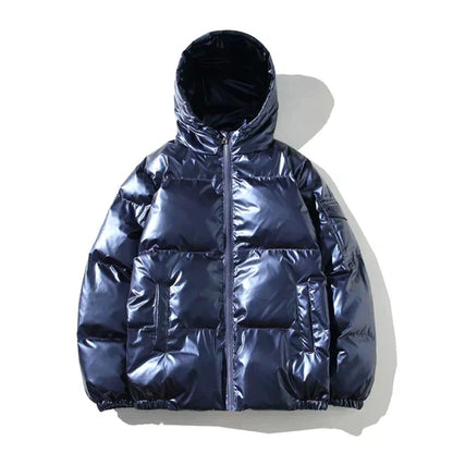 Men’s Metallic Hooded Puffer Jacket – Windproof Waterproof Winter Layer for Outdoor Cold-Weather Wear