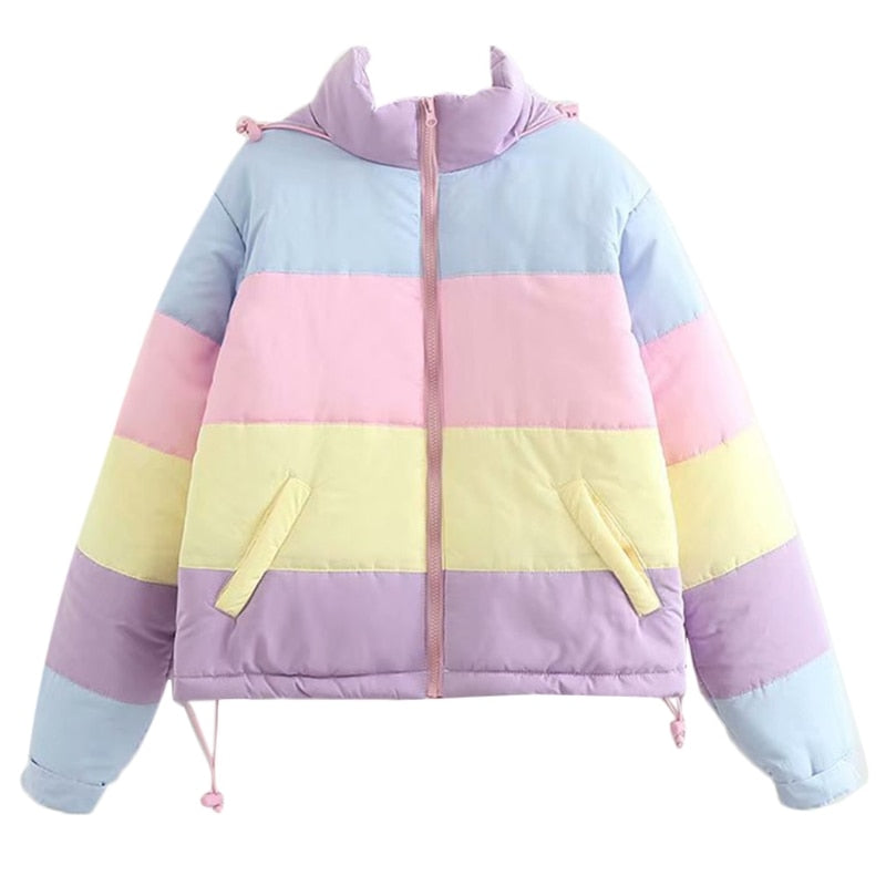 Women’s Pastel Colour-Block Puffer Jacket – Cropped Hooded Winter Layer with High Collar