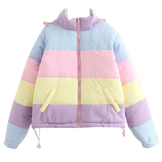 Women’s Pastel Colour-Block Puffer Jacket – Cropped Hooded Winter Layer with High Collar
