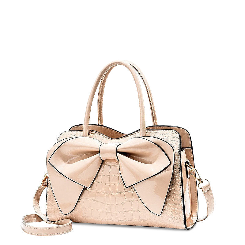 Women’s Bow Detail Handbag – Croc-Effect Structured Satchel with Detachable Shoulder Strap for Day and Evening Wear