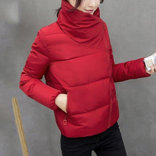 Women’s Asymmetric-Collar Puffer Jacket – Water-Resistant Fitted Layer for Modern Winter Styling