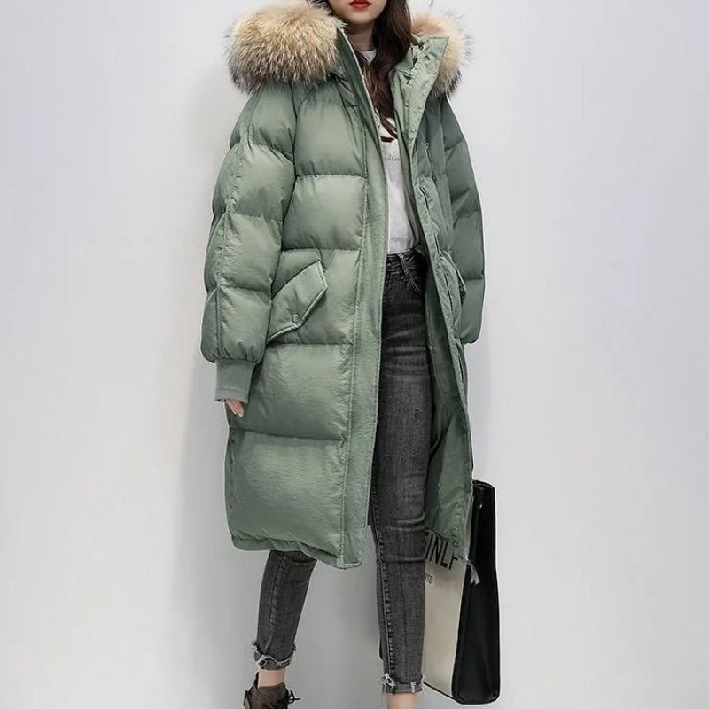 Women’s Faux-Fur Hooded Long Puffer Parka – Insulated Winter Coat with Ribbed Cuffs and Utility Pockets