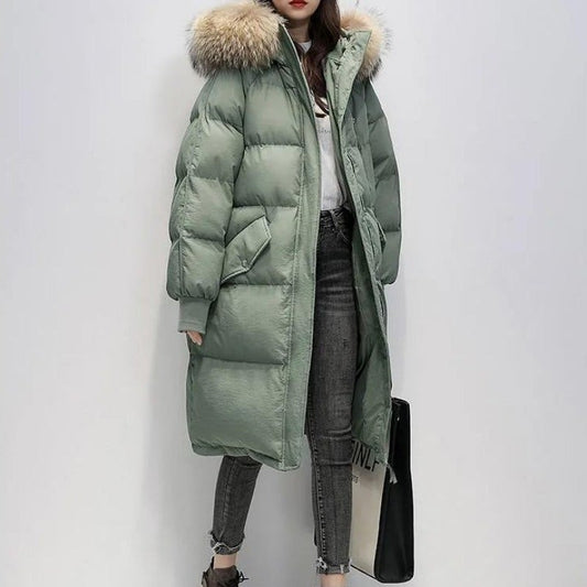 Women’s Faux-Fur Hooded Long Puffer Parka – Insulated Winter Coat with Ribbed Cuffs and Utility Pockets