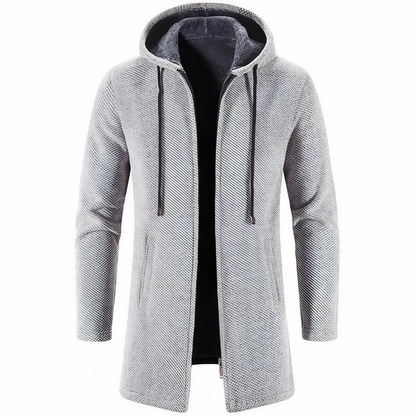 Men’s Textured Hooded Long Jacket – Streamlined Zip-Up Layer for Casual Winter Wear