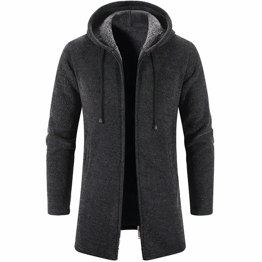 Men’s Textured Hooded Long Jacket – Streamlined Zip-Up Layer for Casual Winter Wear