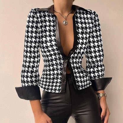 Women’s PU Leather Tie-Front Shirt – Sleek Long-Sleeve Style for Evening Wear