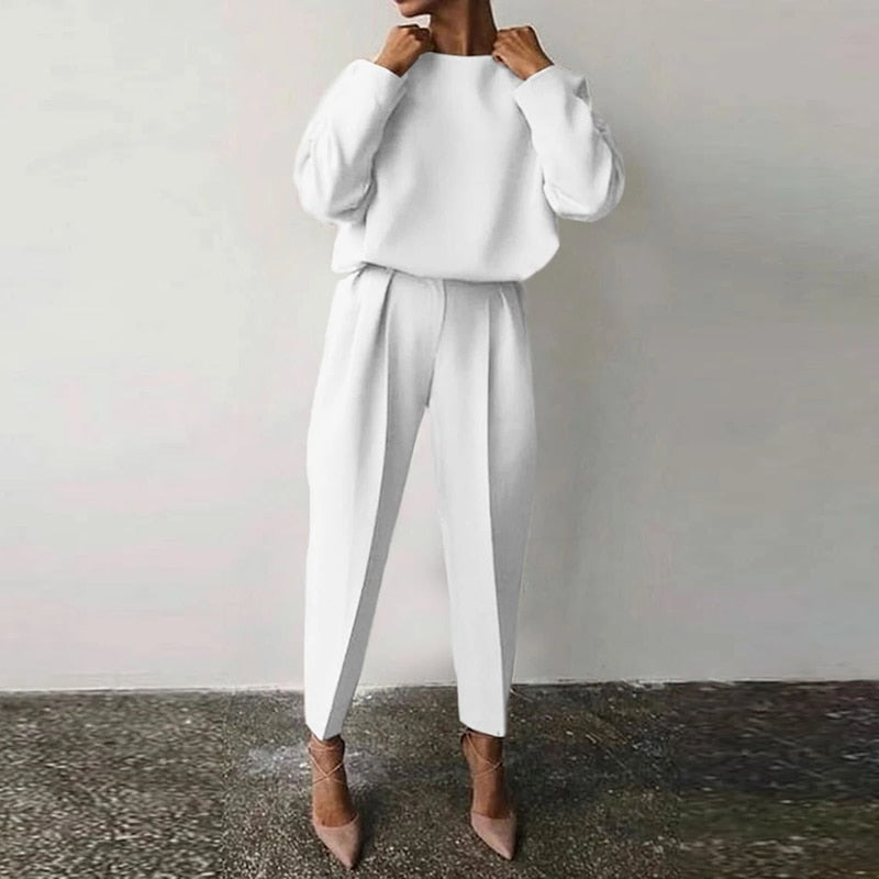 Women’s Pleated Trouser Co-Ord Set – Relaxed Balloon-Sleeve Top with Tapered Ankle Trousers for Smart Casual Wear