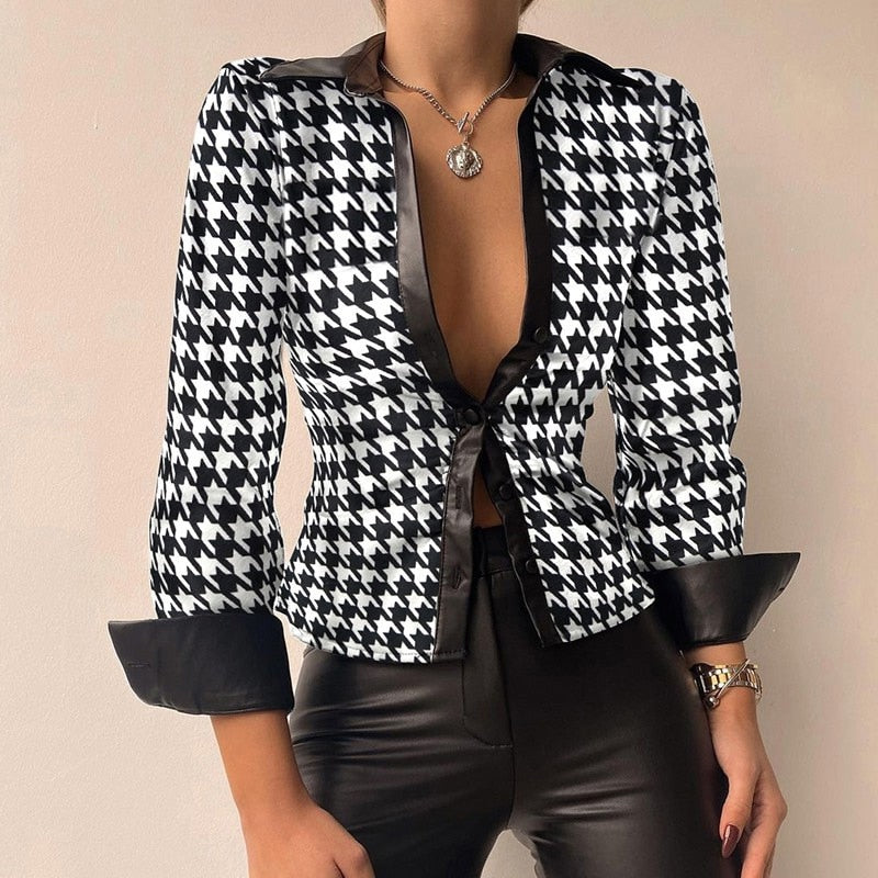 Women’s PU Leather Tie-Front Shirt – Sleek Long-Sleeve Style for Evening Wear