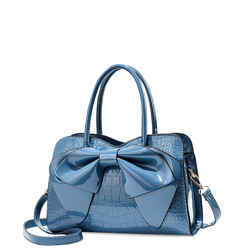 Women’s Bow Detail Handbag – Croc-Effect Structured Satchel with Detachable Shoulder Strap for Day and Evening Wear