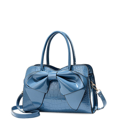 Women’s Bow Detail Handbag – Croc-Effect Structured Satchel with Detachable Shoulder Strap for Day and Evening Wear