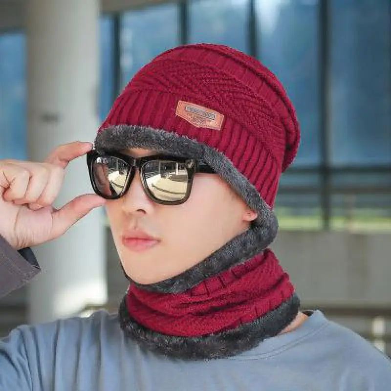 Unisex Fleece-Lined Knit Beanie Set – Warm Winter Hat with Matching Neck Warmer