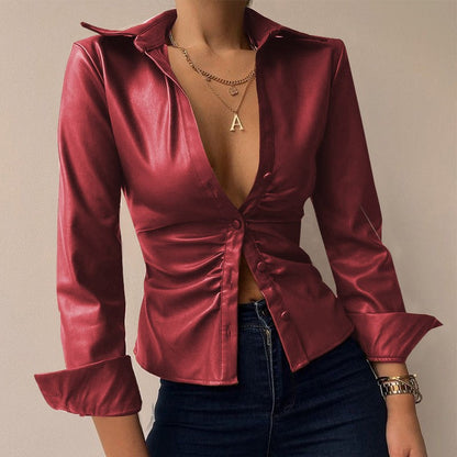 Women’s PU Leather Tie-Front Shirt – Sleek Long-Sleeve Style for Evening Wear