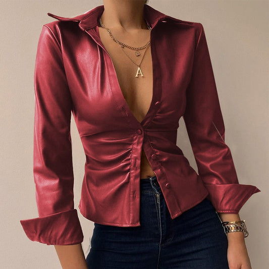 Women’s PU Leather Tie-Front Shirt – Sleek Long-Sleeve Style for Evening Wear
