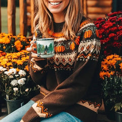 Women’s Fair Isle Pumpkin Knit Sweater – Cosy Autumn Pullover with Seasonal Pattern