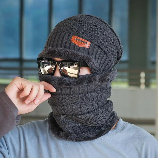 Unisex Fleece-Lined Knit Beanie Set – Warm Winter Hat with Matching Neck Warmer