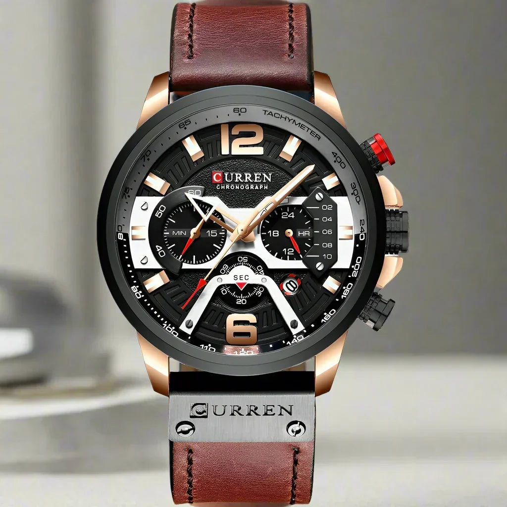 Men’s Multi-Dial Leather-Strap Watch – Sport-Inspired Statement Timepiece for Everyday Wear