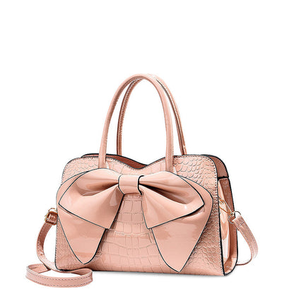 Women’s Bow Detail Handbag – Croc-Effect Structured Satchel with Detachable Shoulder Strap for Day and Evening Wear