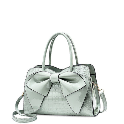 Women’s Bow Detail Handbag – Croc-Effect Structured Satchel with Detachable Shoulder Strap for Day and Evening Wear