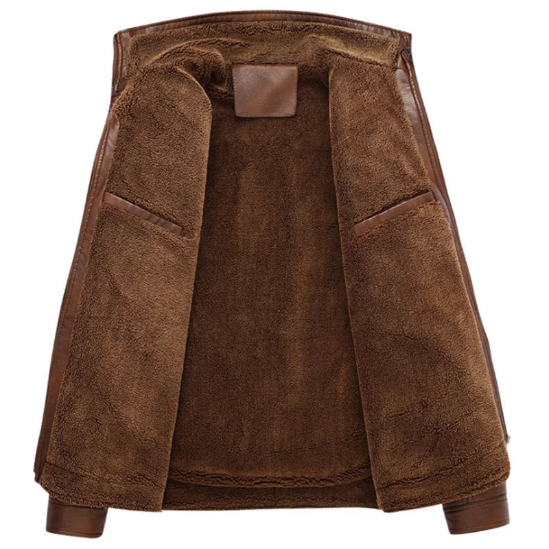 Men’s Fleece-Lined Leather Utility Jacket – Warm Multi-Pocket Layer for Autumn and Winter Wear