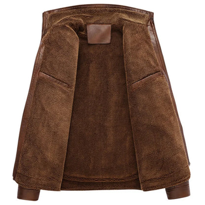 Men’s Fleece-Lined Leather Utility Jacket – Warm Multi-Pocket Layer for Autumn and Winter Wear