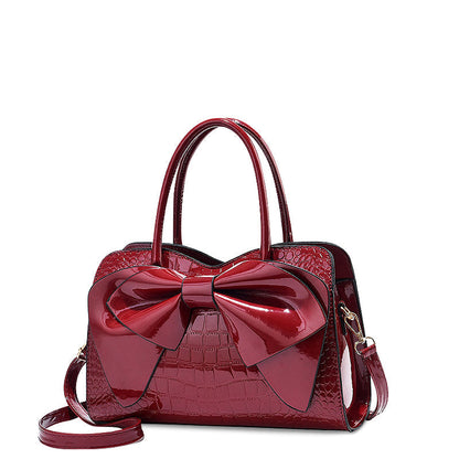 Women’s Bow Detail Handbag – Croc-Effect Structured Satchel with Detachable Shoulder Strap for Day and Evening Wear