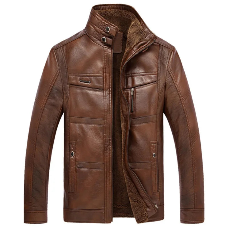 Men’s Fleece-Lined Leather Utility Jacket – Warm Multi-Pocket Layer for Autumn and Winter Wear
