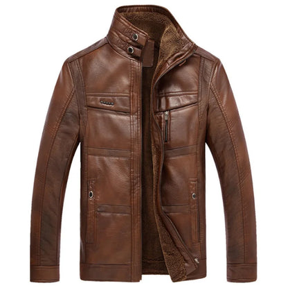 Men’s Fleece-Lined Leather Utility Jacket – Warm Multi-Pocket Layer for Autumn and Winter Wear