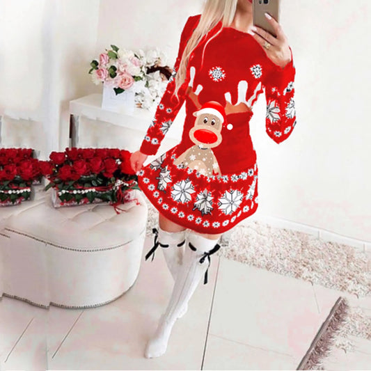 Women’s Reindeer Christmas Sweater Dress – Festive Long-Sleeve Mini for Holiday Styling