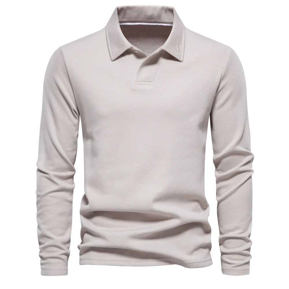 Men’s Long-Sleeve Knit Polo Shirt – Refined Open-Collar Top for Office and Smart Casual Wear